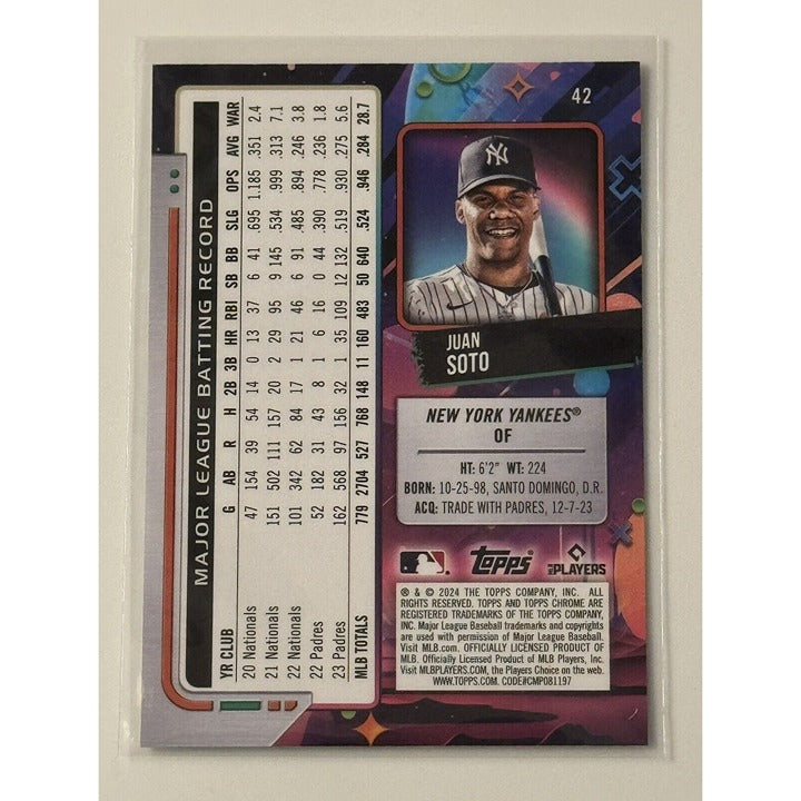 Juan Soto 2024 Topps Cosmic Chrome Baseball card New York Yankees AL Champion collectible