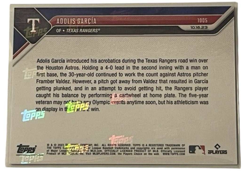 ALCS 2023 Topps NOW baseball card of Adolis García cartwheeling for Texas Rangers victory
