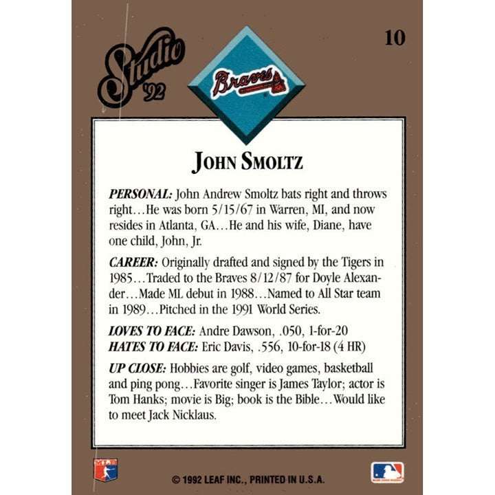 1992 Leaf Studio John Smoltz Atlanta Braves baseball card with pitching action and portrait