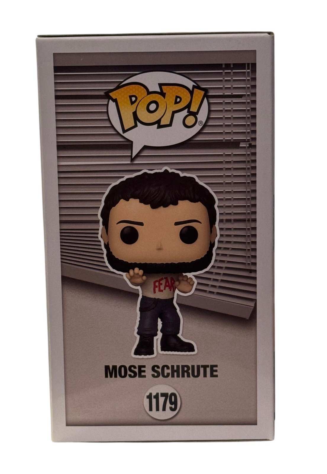 Funko Pop The Office Mose Schrute 1179 Fall Convention Limited Edition in box with "FEAR" shirt and collector sticker