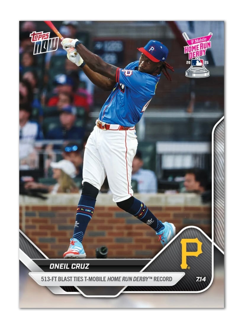 Oneil Cruz 2025 MLB Topps NOW Pirates card hitting 513 ft home run tying Derby record