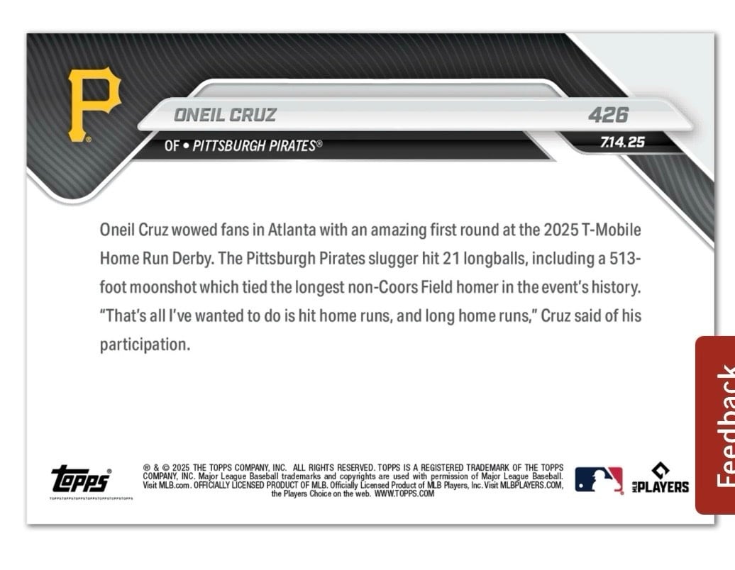 Oneil Cruz 2025 MLB Topps NOW Pittsburgh Pirates baseball card 426 with 513 ft home run Derby record tie