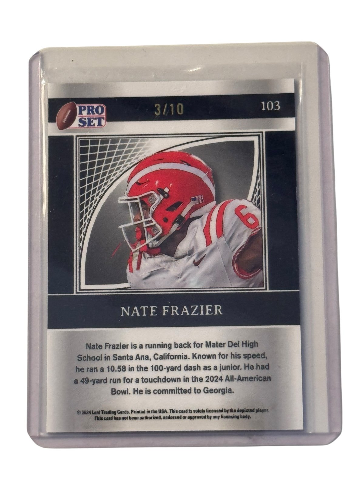 3/10 Nate Frazier RC Pro Set Metal football card featuring Georgia Bulldogs running back in protective case