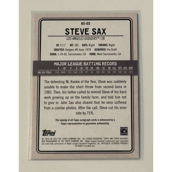 Back view of 2019 Topps Archives Snapshots Steve Sax Auto Los Angeles Dodgers MLB trading card with player stats and biography