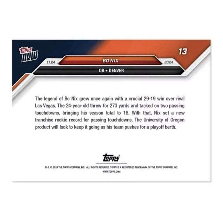 Bo Nix rookie card 2024 Topps Now Denver Broncos NFL football trading card