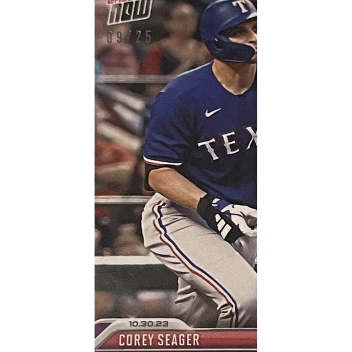 2023 ToppsNOW trading card featuring Corey Seager's Game 3 World Series home run against Texas Rangers