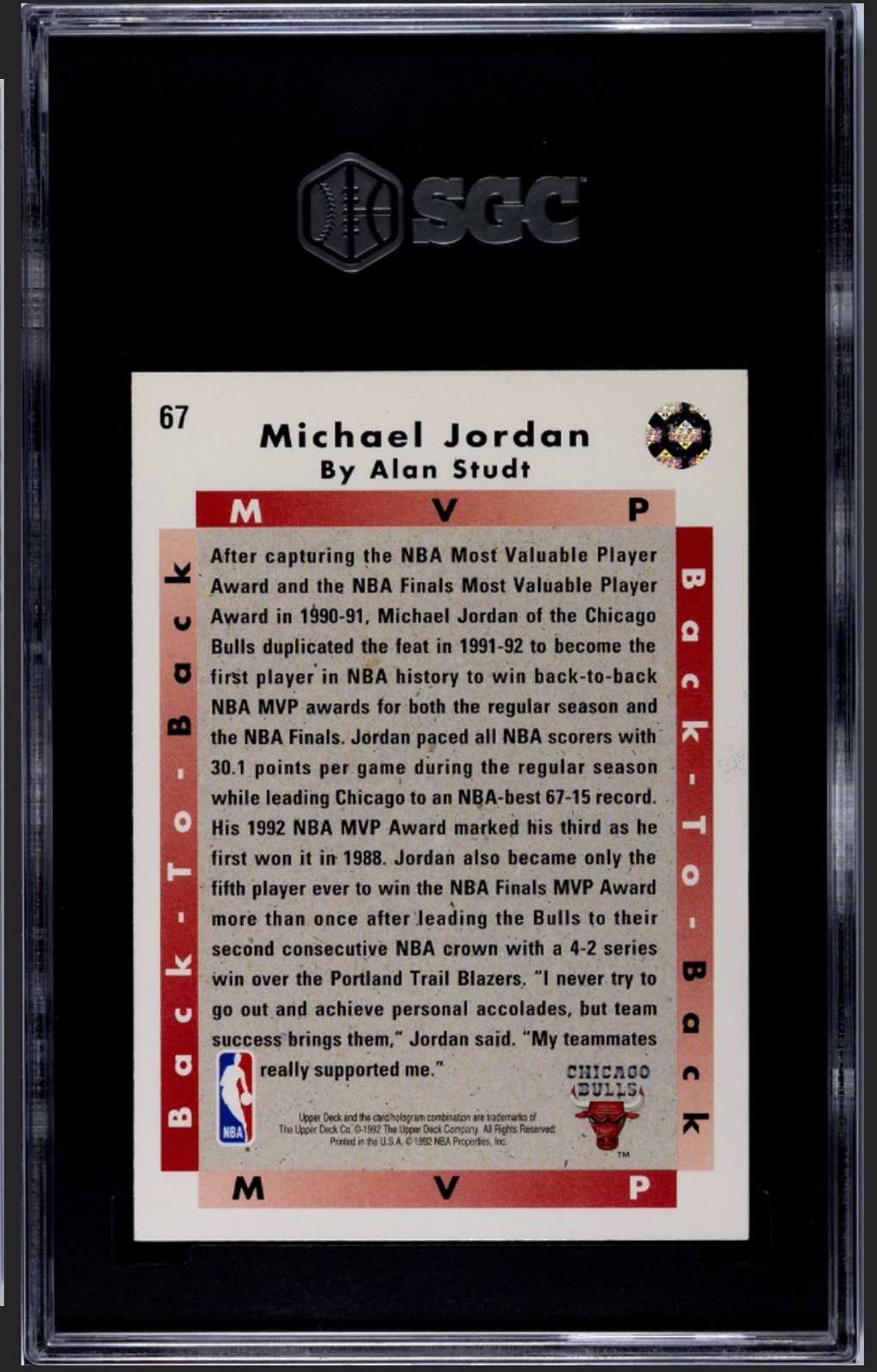 1992-93 Upper Deck Michael Jordan Back to Back MVP Bulls basketball card graded SGC 8.5