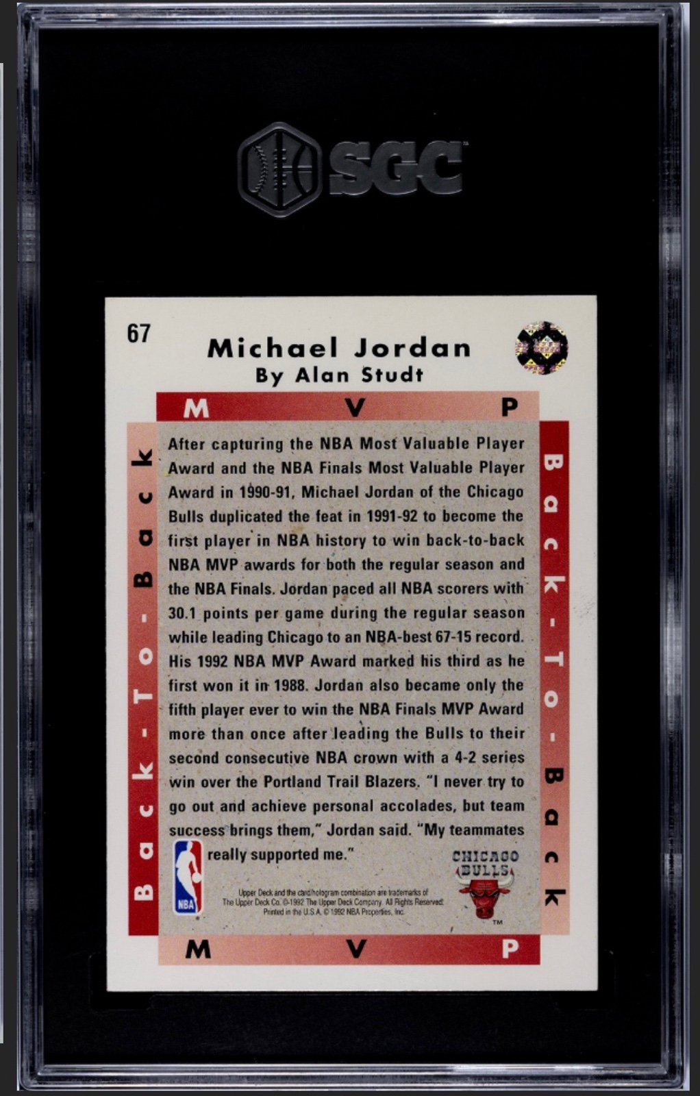 1992-93 Upperdeck Michael Jordan Card 67 Back2Back MVP NBA Bulls SGC 8.5
