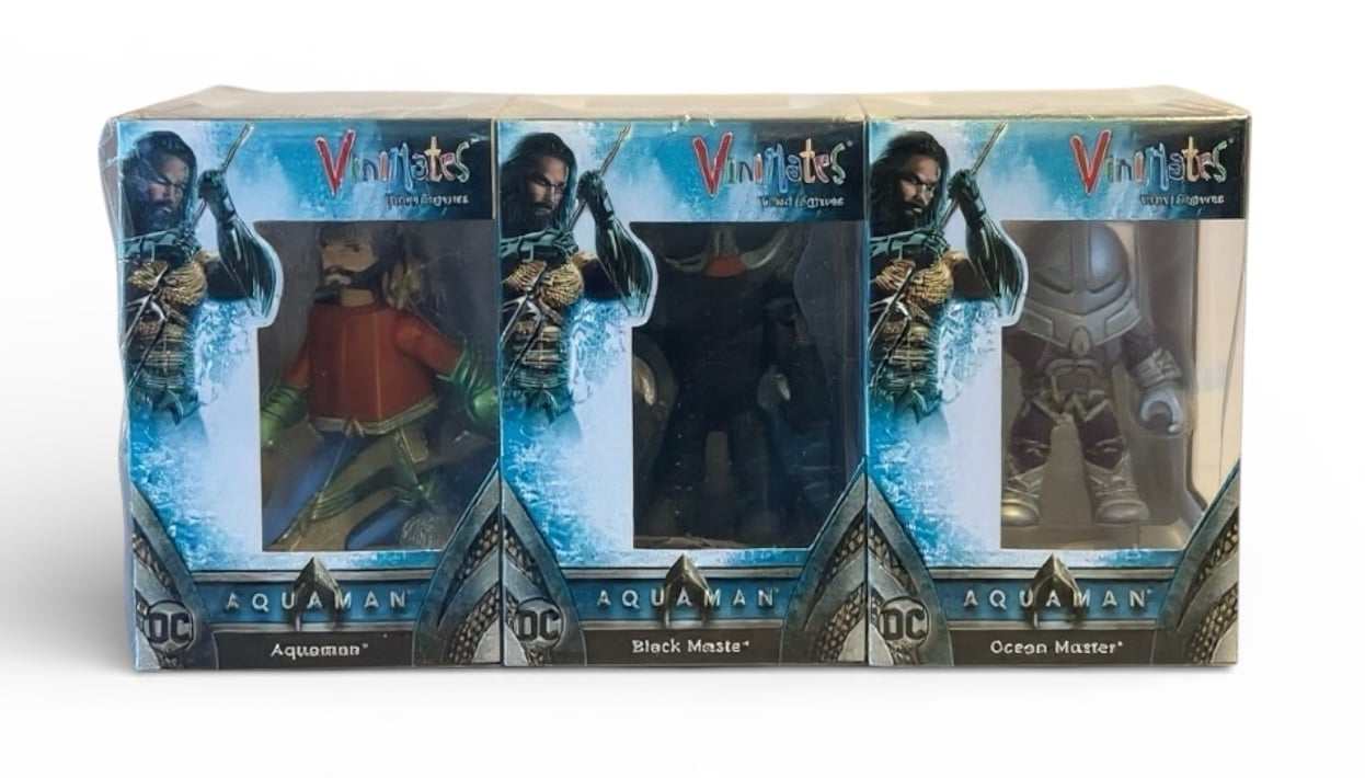 Sealed MINT Aquaman Vinimates vinyl figure set featuring Aquaman, Black Manta, and Ocean Master in original packaging.