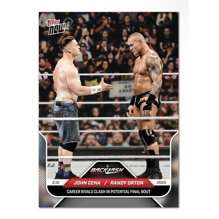 2025 WWE Topps NOW trading card featuring John Cena and Randy Orton in wrestling ring action