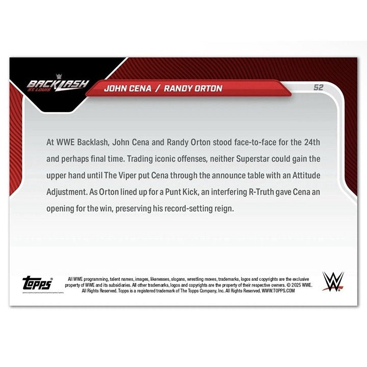 2025 WWE Topps NOW trading card featuring John Cena and Randy Orton from WWE Backlash event