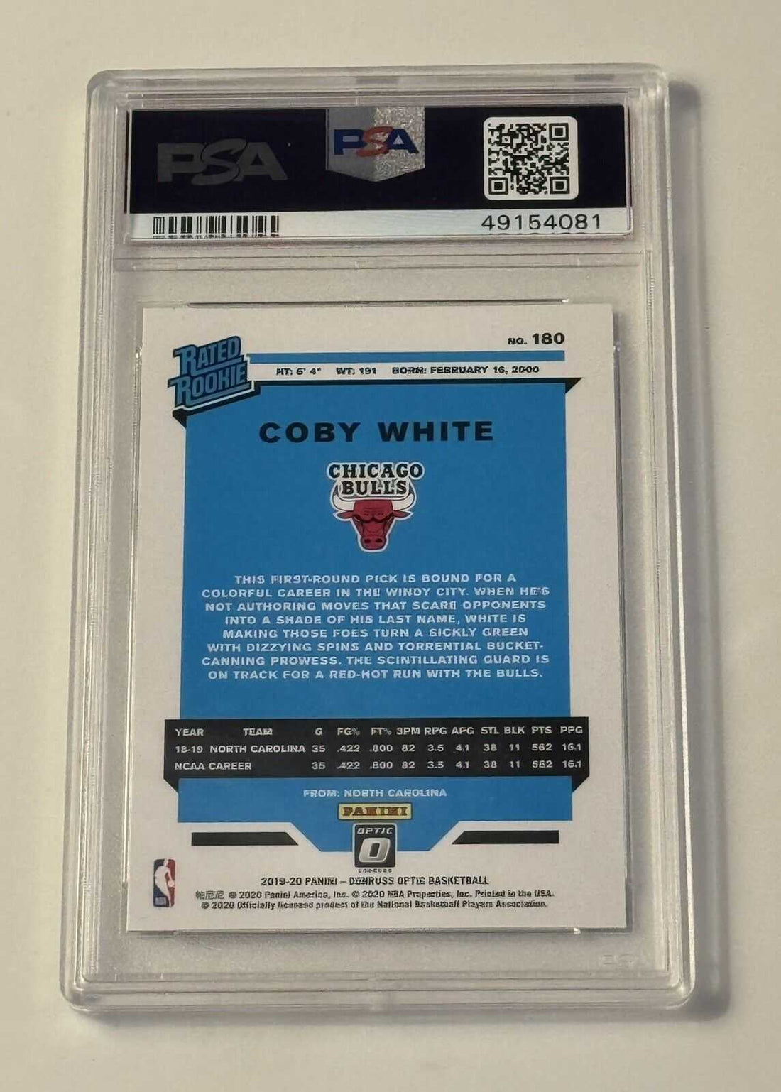 2019-20 Panini Donruss Optic Coby White Chicago Bulls Rookie PSA 10 basketball card