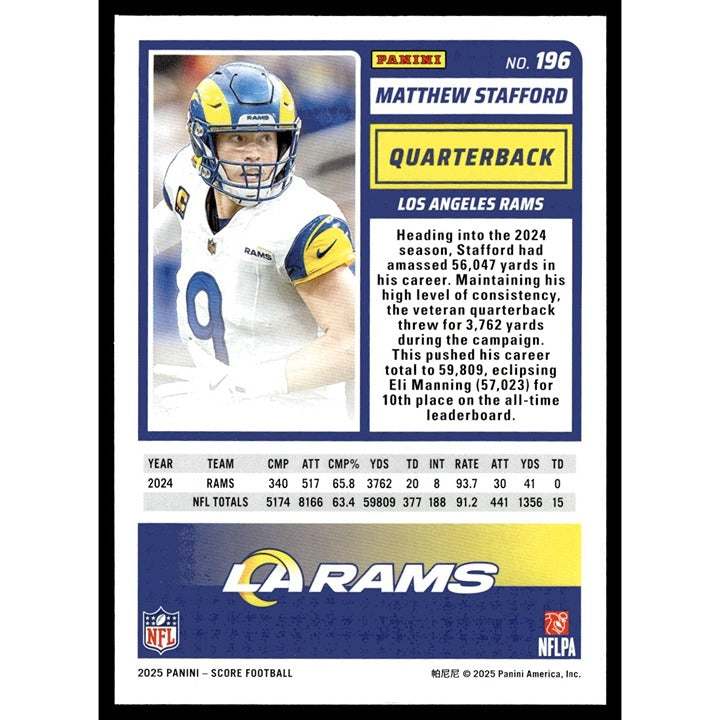 2025 NFL SCORE Matthew Stafford LA Rams football card near mint condition