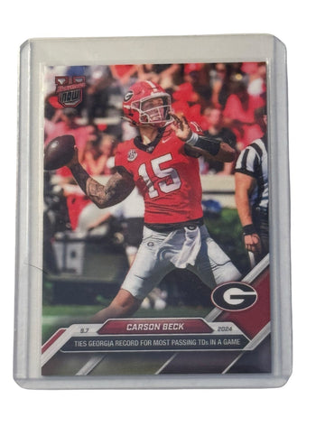 Carson Beck RC Topps Now card showing UGA Bulldogs quarterback in red uniform throwing football, commemorating touchdown record.