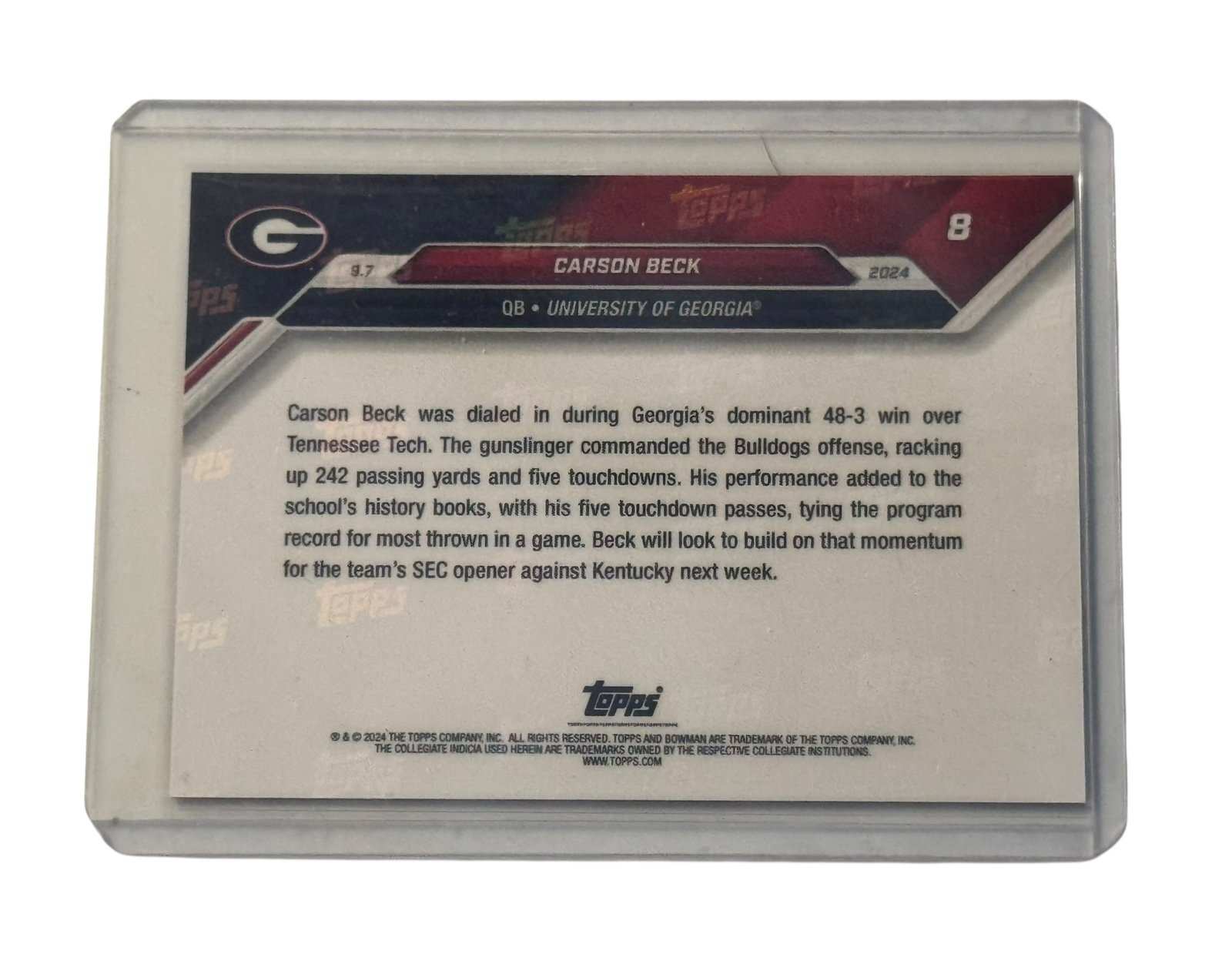 Carson Beck RC Topps Now football card University of Georgia Bulldogs quarterback NFL draft prospect with record touchdown achievement