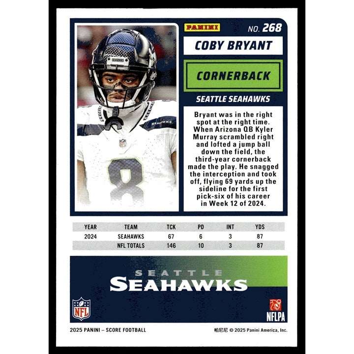 Coby Bryant RC 2025 Panini Score NFL football card Seahawks near mint limited edition 211/250