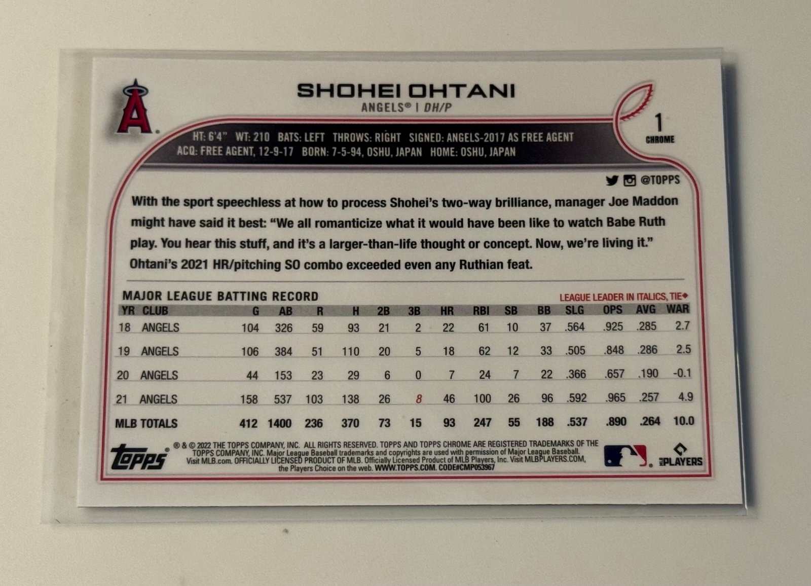 2022 Topps Chrome Shohei Ohtani MLB Angels Dodgers baseball card back raw