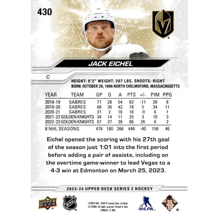Jack Eichel 2023-24 Upper Deck Series 2 NHL hockey card #430 Vegas Golden Knights