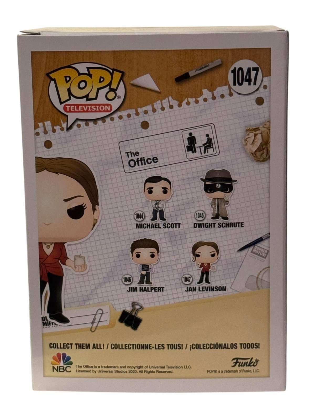 Funko Pop The Office Jan Levinson vinyl figure box with character art and full series lineup