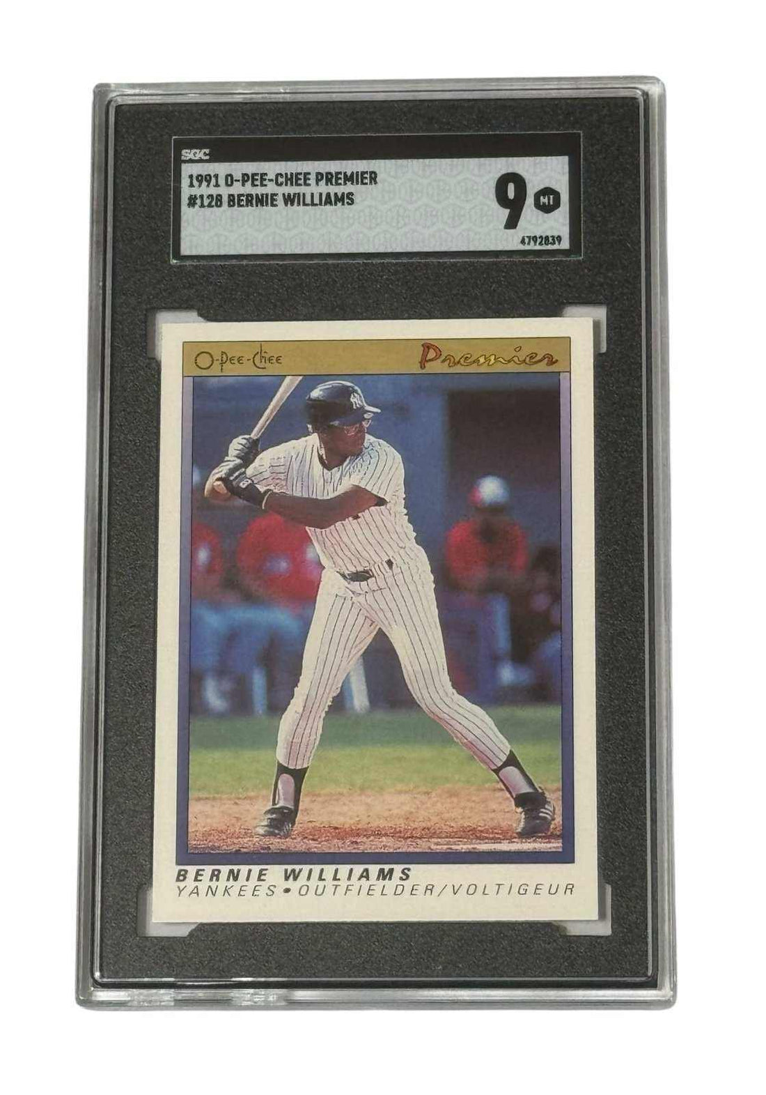 Bernie Williams RC 1991 O-Pee-Chee Premier Yankees baseball card graded SGC 9 MINT in protective case