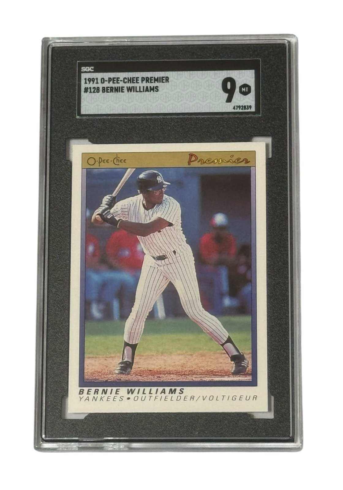 Bernie Williams RC 1991 O-Pee-Chee Premier Yankees baseball card graded SGC 9 MINT in protective case