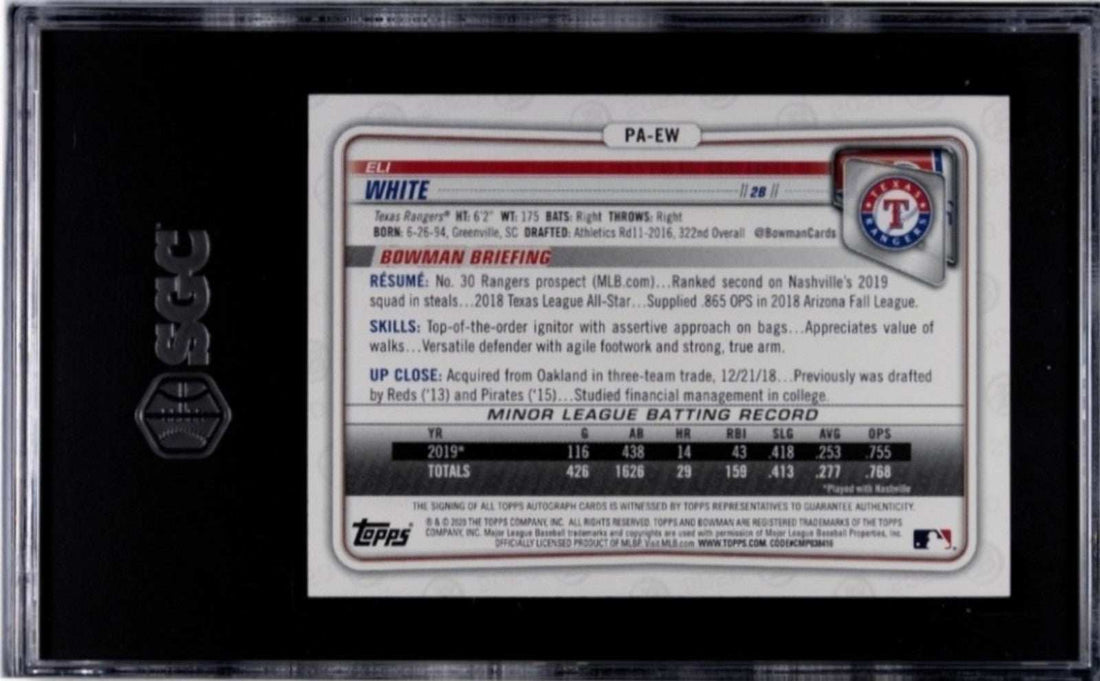 2020 Bowman Pros Eli White autographed rookie card graded 9.5 SGC, MLB Texas Rangers pitcher