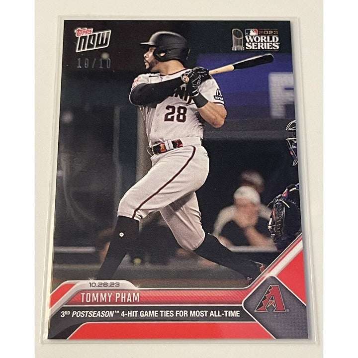 Tommy Pham 2023 MLB World Series Topps Now trading card with 10/10 postseason 4-hit game stats