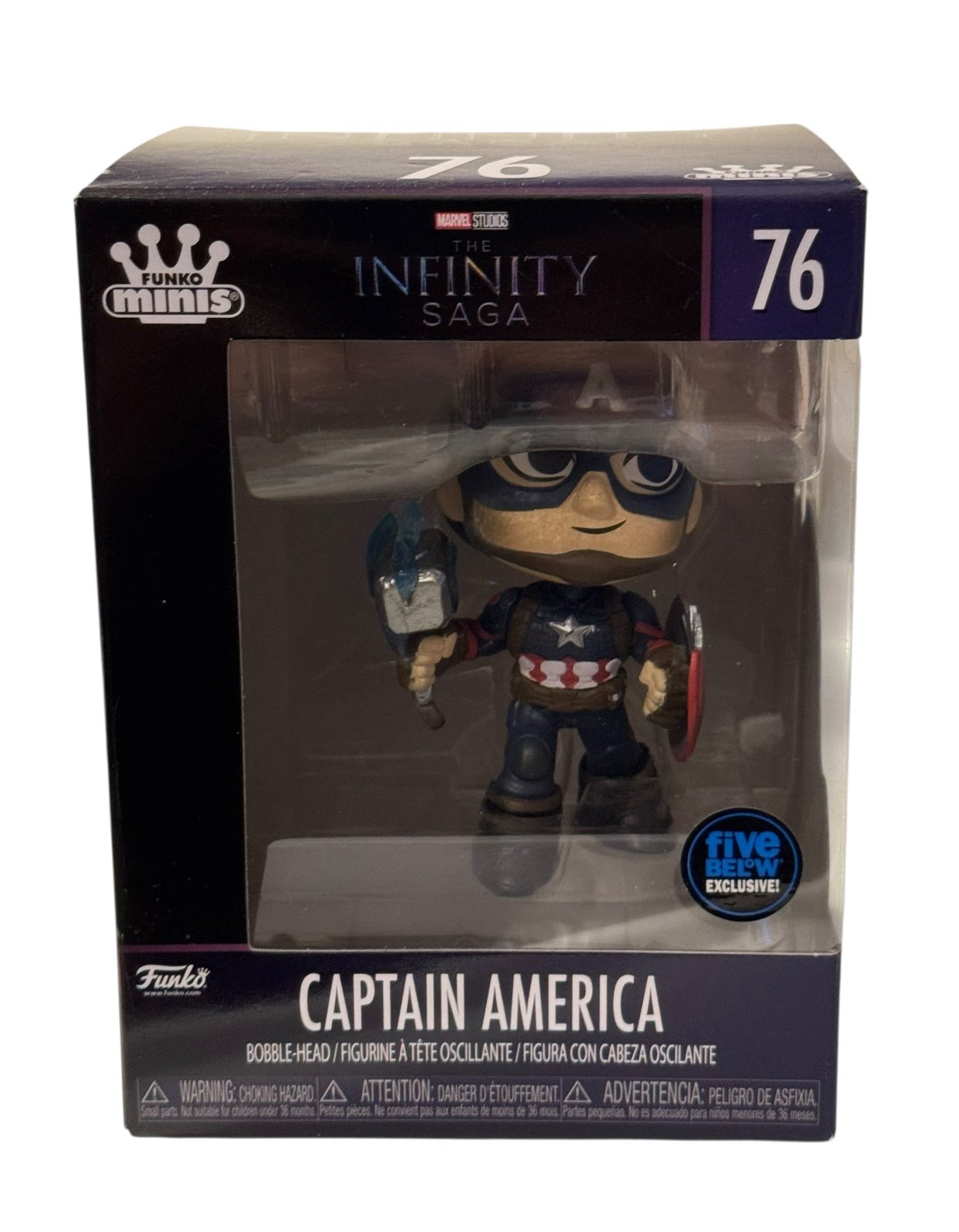 Captain America Infinity Saga Funko Minis 76 Five Below Exclusive collectible figure holding Mjolnir and shield in box