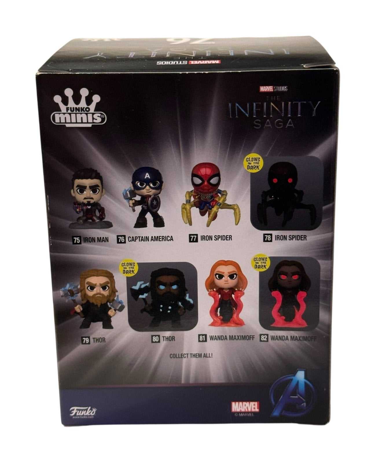 Captain America Infinity Saga Funko Minis 76 box back featuring Marvel characters Iron Man, Captain America, Iron Spider, Thor, and Wanda Maximoff