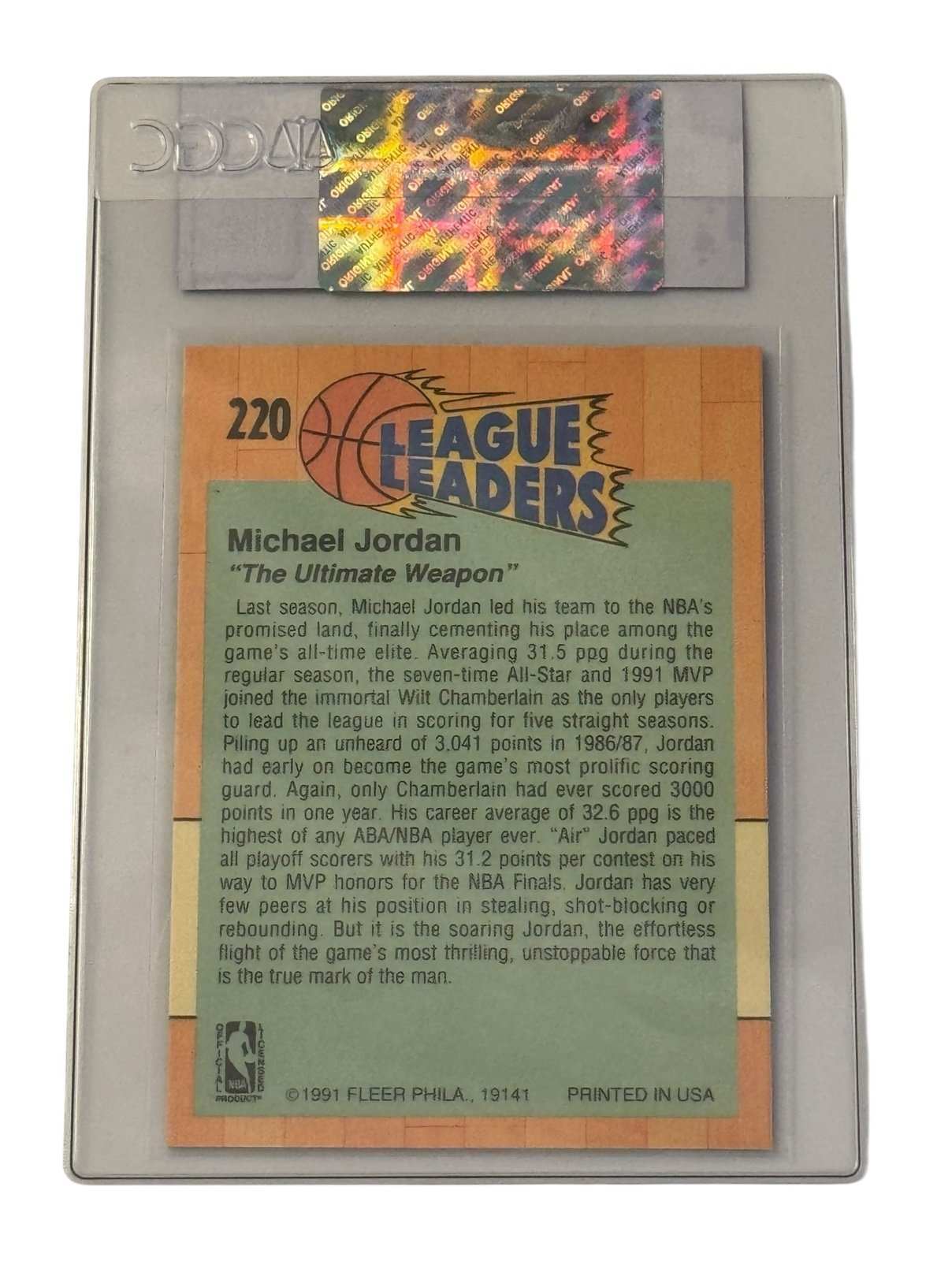 1991 92 Fleer Michael Jordan League Leaders #220 CGC Certified Authentic basketball card in tamper-evident sleeve