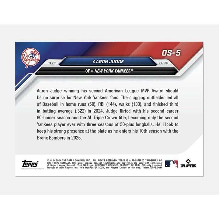 Aaron Judge AL MVP 2024 Topps Now MLB collectible card with New York Yankees player in action