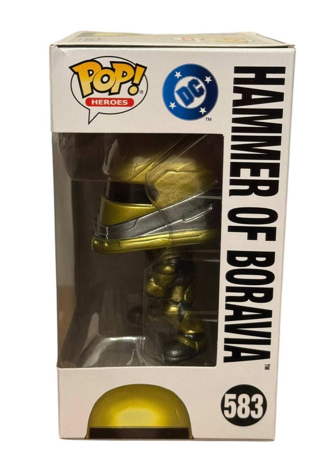 Funko Pop Heroes Hammer of Boravia Superman vinyl figure #583 in box with metallic gold and silver armor