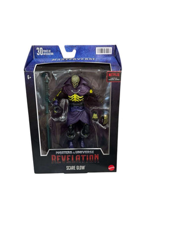 SEALED Masters of the Universe Revelation Scare Glow action figure with glow-in-the-dark details and staff accessory in original Netflix-series packaging