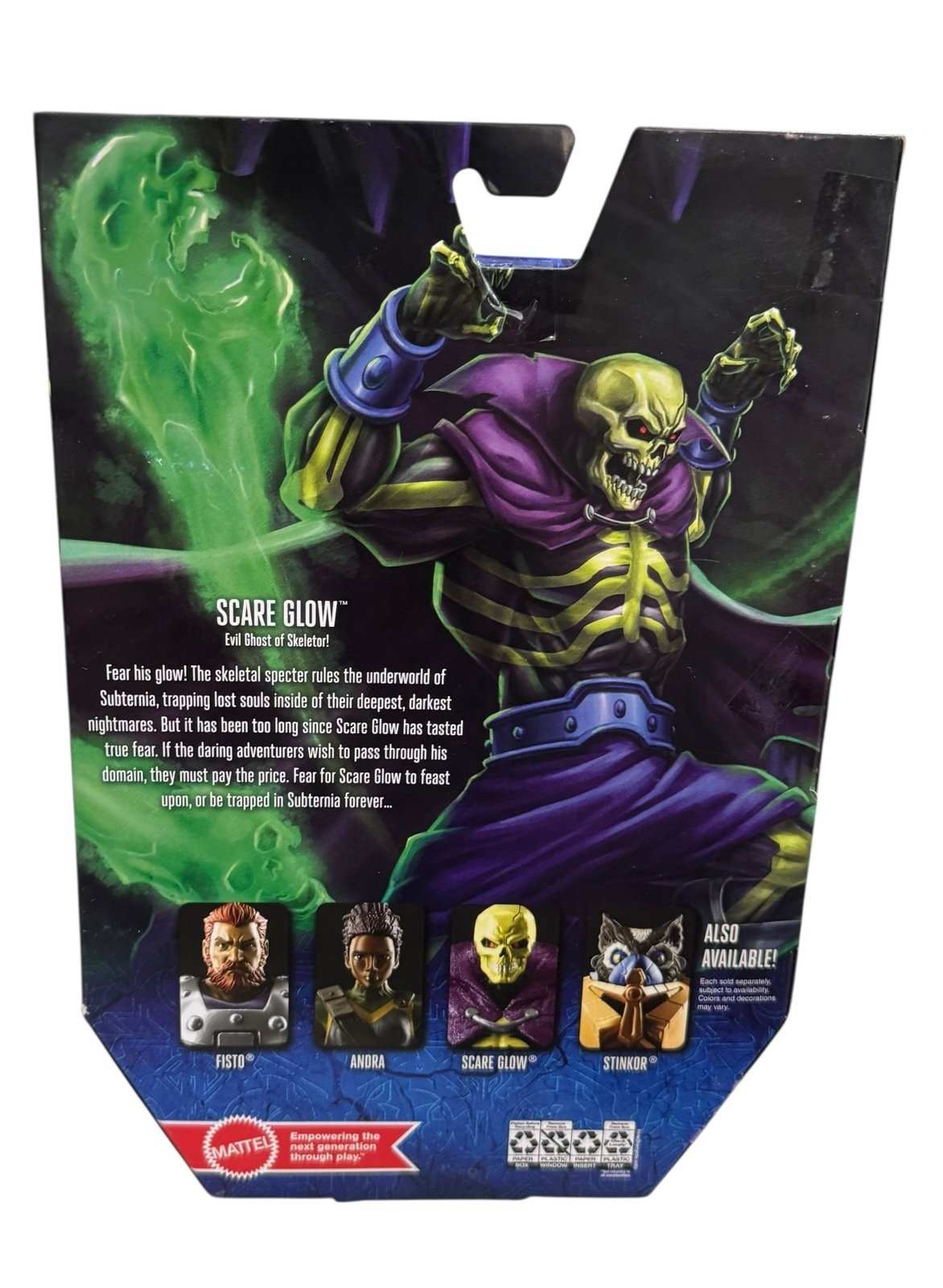 Sealed Masters of the Universe Revelation Scare Glow action figure with glow-in-the-dark details and staff accessory in original packaging