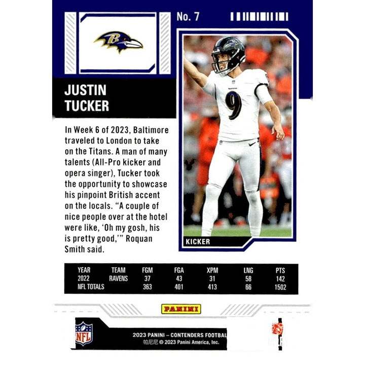 2023 Panini Contenders Justin Tucker Baltimore Ravens Season Ticket Retail NFL card number 7