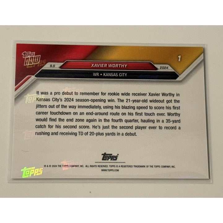 2024 Topps Now Xavier Worthy RC Kansas City Chiefs football card with record-setting debut stats