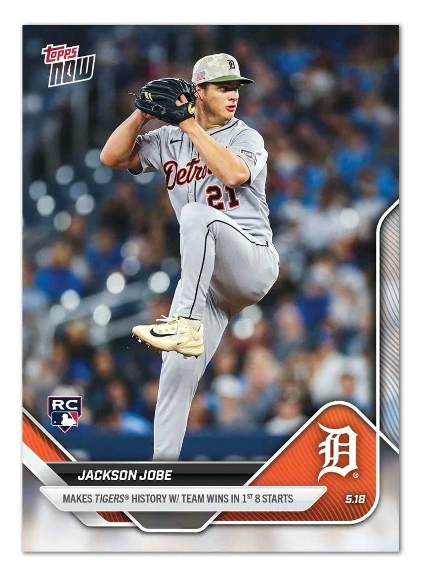 Jackson Jobe RC 2025 MLB Topps NOW Detroit Tigers baseball card in hand