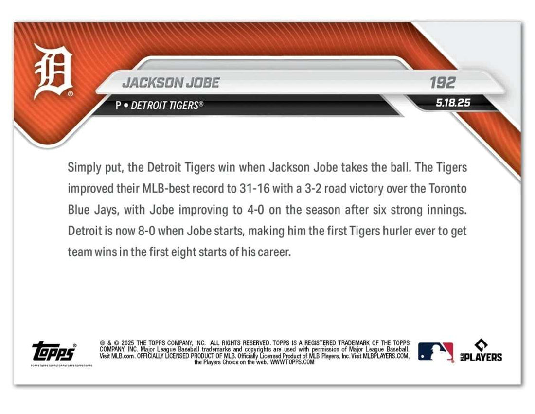 Jackson Jobe RC 2025 Detroit Tigers MLB Topps NOW baseball card in hand