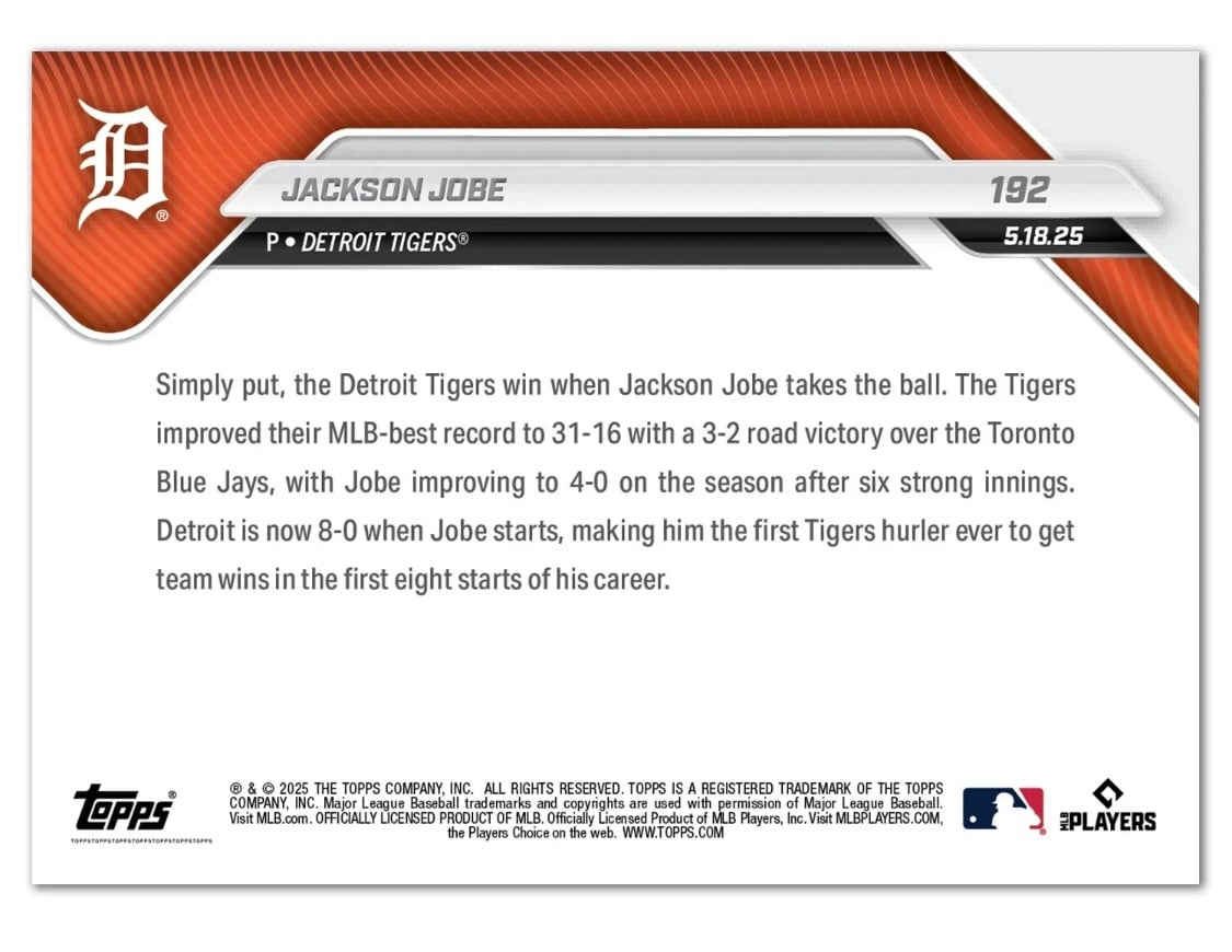 Jackson Jobe RC Detroit Tigers 2025 Topps NOW baseball card 192 in hand