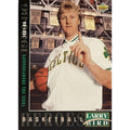 Larry Bird 1993 Upper Deck Basketball Heroes trading card with Celtics jersey and NBA championships background