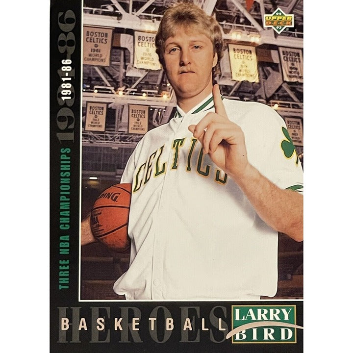 Larry Bird 1993 Upper Deck Basketball Heroes trading card with Celtics jersey and NBA championships background