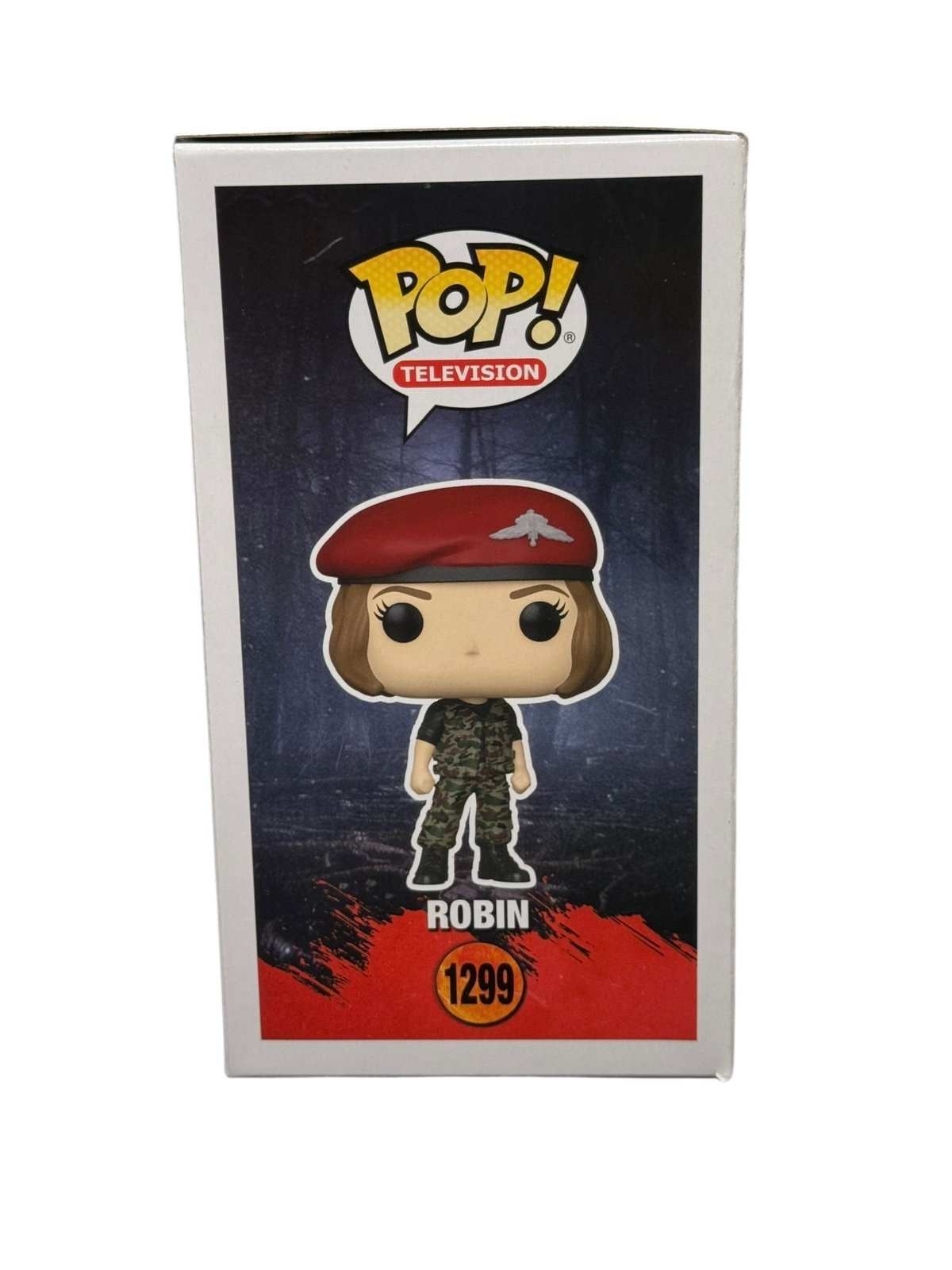 Robin Funko Pop 1299 Stranger Things collectible figure in camo outfit with red beret in box