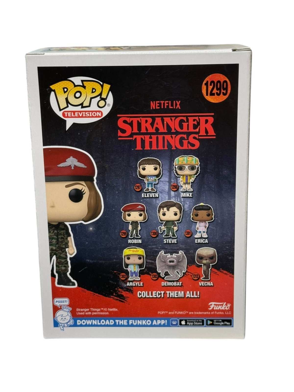 Robin Funko Pop 1299 Stranger Things figure in camo outfit in box