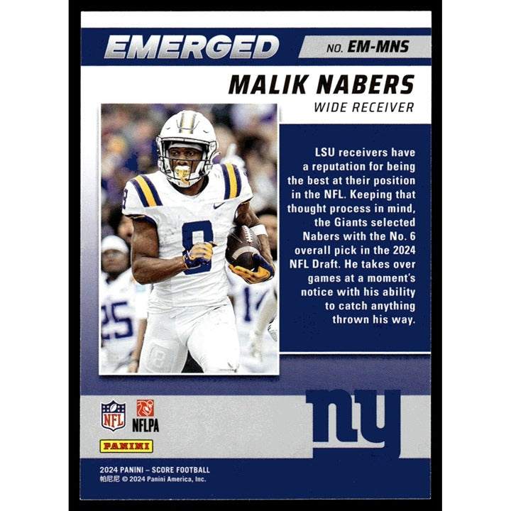 Malik Nabers Emerged RC 2024 Score Football New York Giants rookie card back view