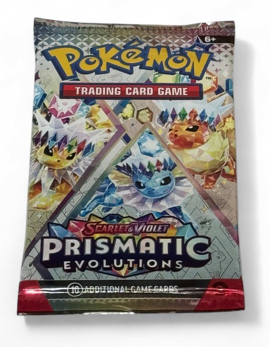 Factory-sealed Pokémon Scarlet & Violet Prismatic Evolutions booster pack with 10 cards