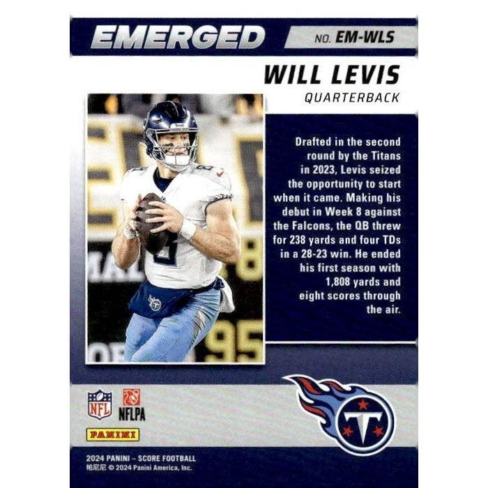 2024 NFL Score Football card of Will Levis from the Titans in Near Mint condition labeled Emerged