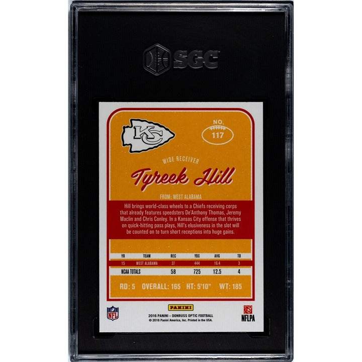2016 Tyreek Hill RC Donruss Optic Holo Prizm rookie football card graded 9.5 in Kansas City Chiefs uniform