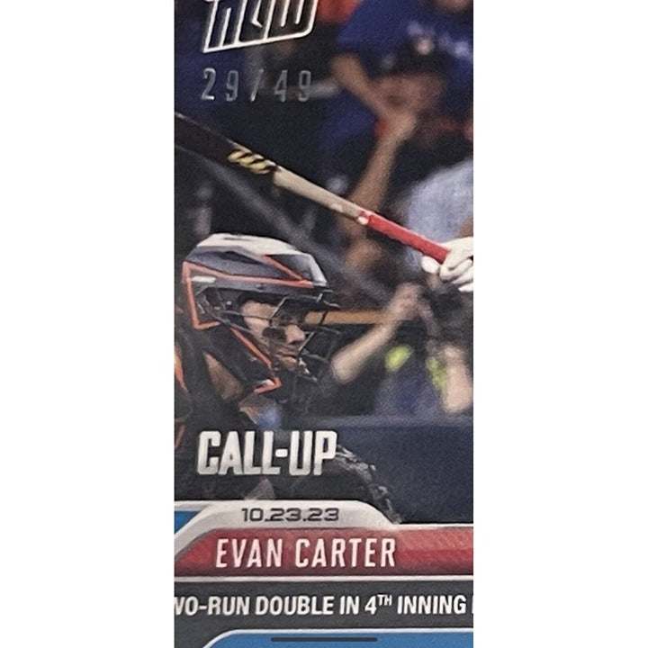 Evan Carter 29/49 Texas Rangers 2023 MLB TOPPS NOW® Blue Call Up card