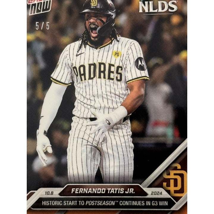 Fernando Tatis Jr. 5/5 limited edition 2024 Topps NOW baseball card showing historic postseason start.