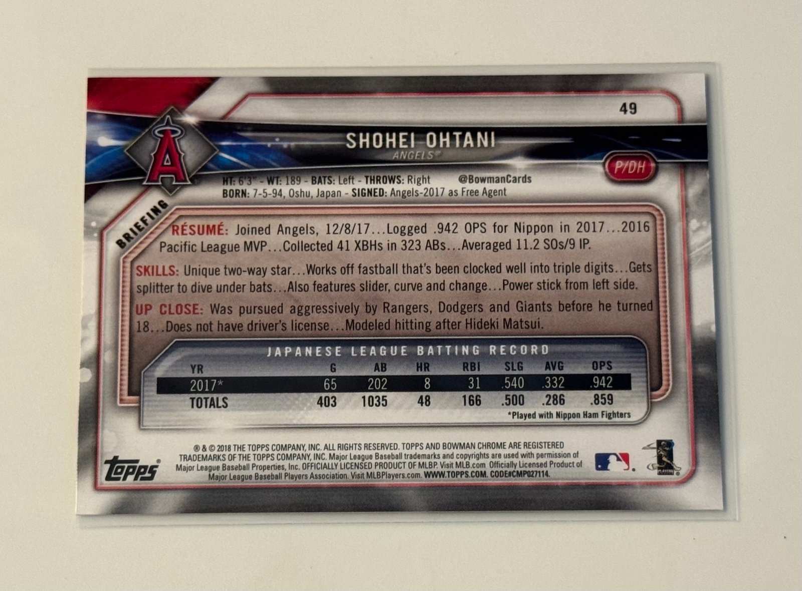 2018 Bowman Shohei Ohtani rookie card #49 mint LA Angels Dodgers MLB Raw Rookie